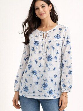 NWOT NorthStyle Blue Floral Blouse Lightweight Cotton Boho Cottagecore Top Sz M